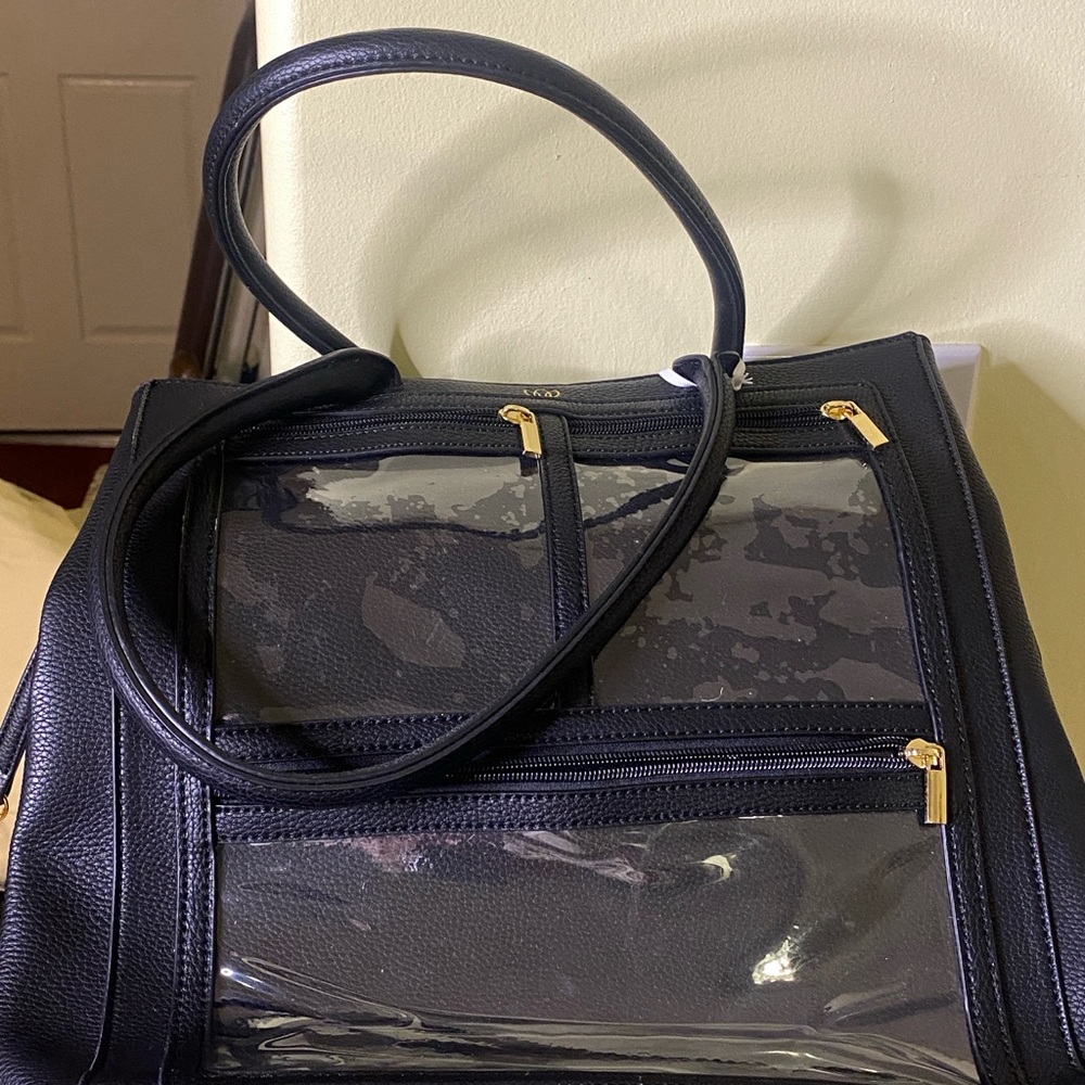 Piper Nobel NWT Elegant Black Vegan Leather  tote  leopard Zip sides  Lg